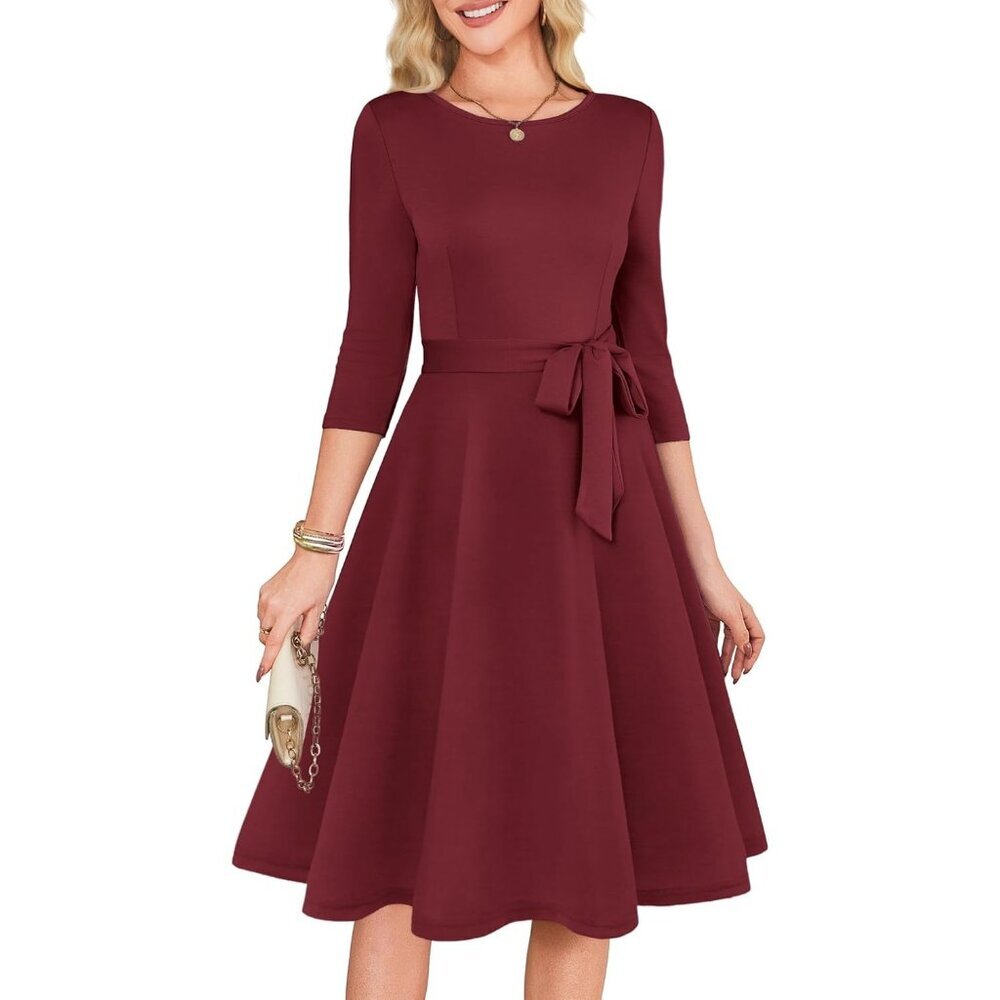Women's Burgundy 3/4 Sleeve Vintage Flattering A-line Vintage Cocktail Dresses